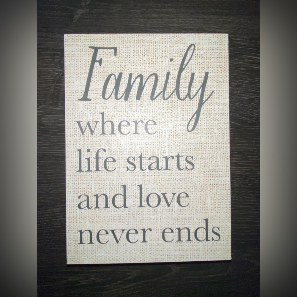 HOME DECOR WOOD SIGN, FAMILY WHERE LIFE STARTS AND LOVE NEVER ENDS, USED